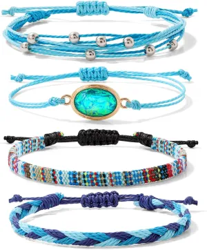 GolbalJew Boho Opal String Anklet Bracelet for Women Adjustable Summer Beach Surfer Ankle Bracelets Set Handmade Braided Rope Anklets Colorful Bohemian Jewelry