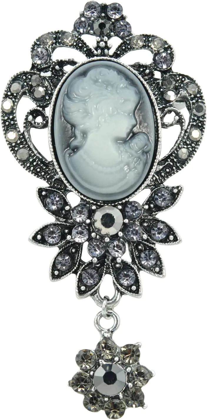 Gyn&Joy Old Style Victorian Lady Crystal Rhinestone Cameo Maiden Pin Brooch Flower