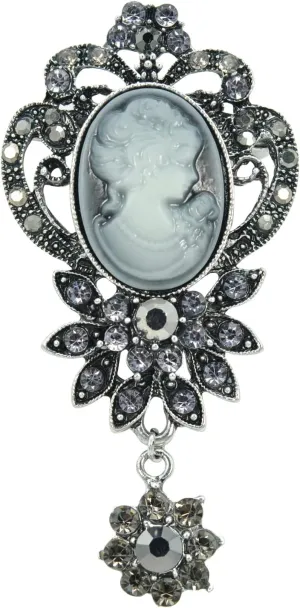 Gyn&Joy Old Style Victorian Lady Crystal Rhinestone Cameo Maiden Pin Brooch Flower