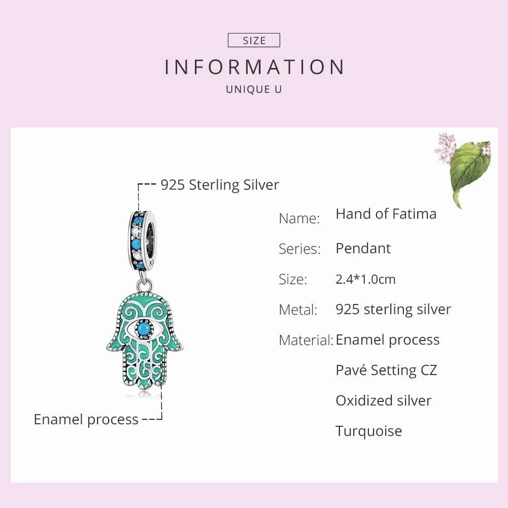 Hand of Fatima Pendant Charms for Pandora Bracelet,925 Sterling Silver Blue Turquoise Charm Bead with Jewelry Gift Box