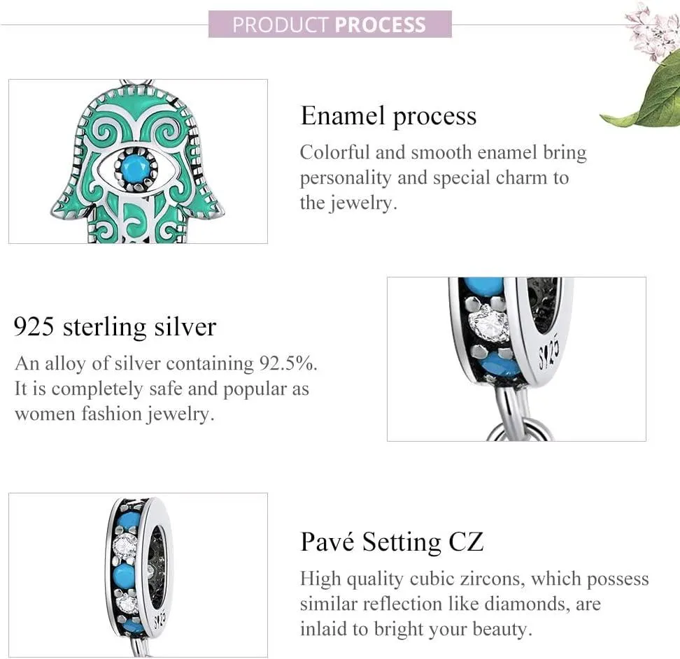 Hand of Fatima Pendant Charms for Pandora Bracelet,925 Sterling Silver Blue Turquoise Charm Bead with Jewelry Gift Box