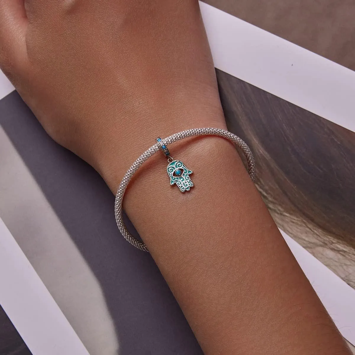 Hand of Fatima Pendant Charms for Pandora Bracelet,925 Sterling Silver Blue Turquoise Charm Bead with Jewelry Gift Box