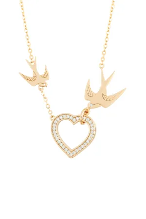 Heart & Swallows Gold Pendant Necklace