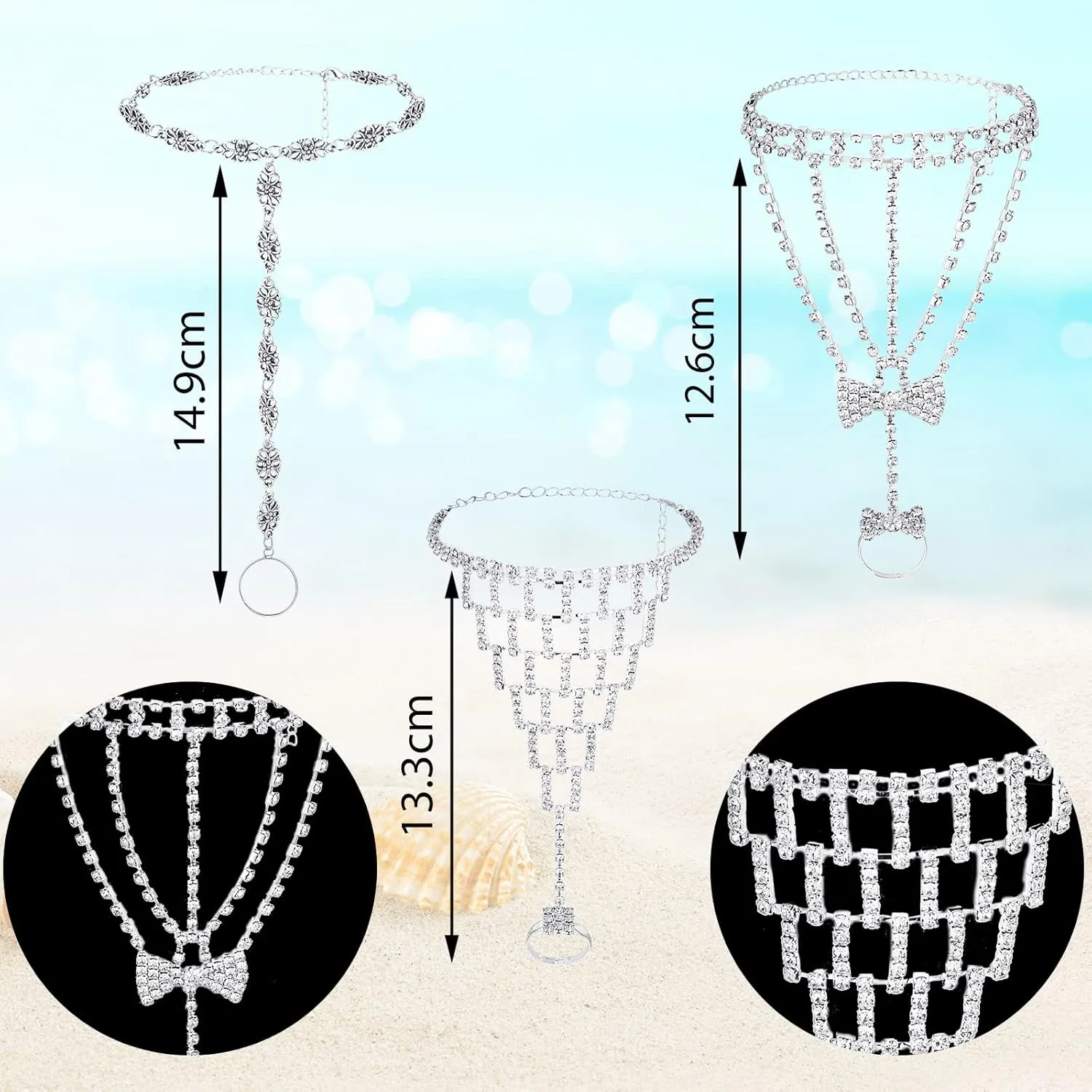 Hicarer 6 Pieces Foot Jewelry Barefoot Sandals for Women Rhinestone Anklets Bohemian Foot Chain for Beach Wedding Valentine's Day