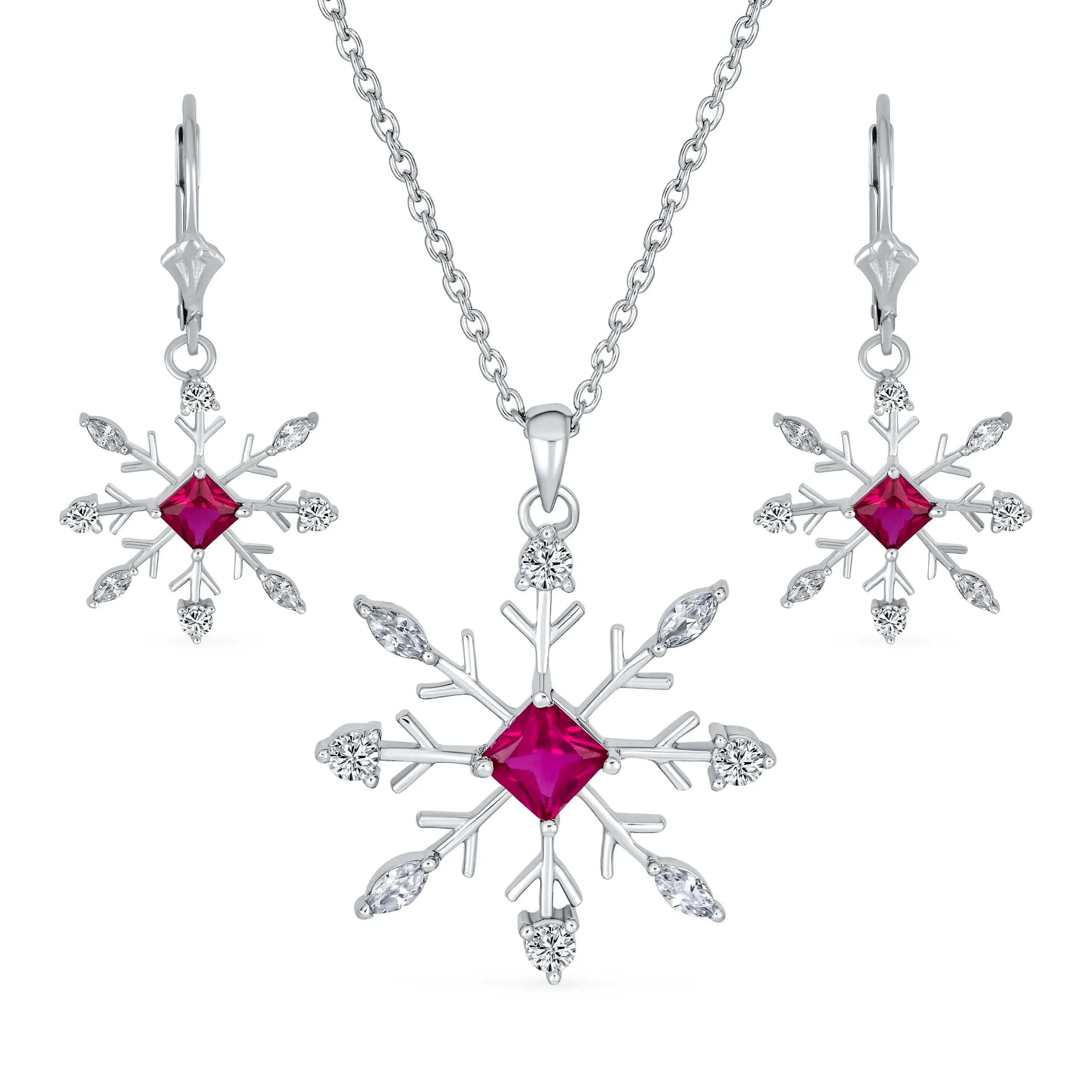 Holiday Party Jewelry Set Pink Rose CZ Snowflake Necklace & Earrings Silver