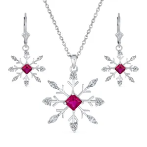 Holiday Party Jewelry Set Pink Rose CZ Snowflake Necklace & Earrings Silver