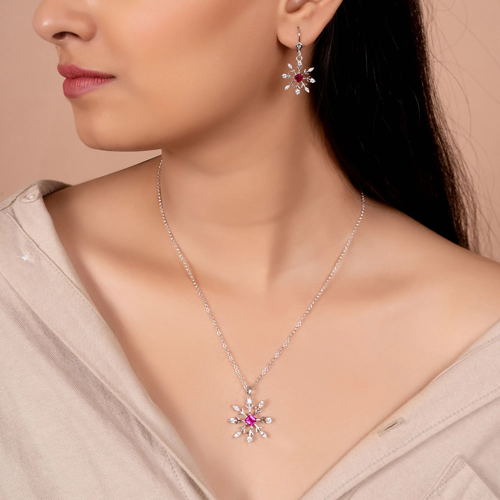 Holiday Party Jewelry Set Pink Rose CZ Snowflake Necklace & Earrings Silver