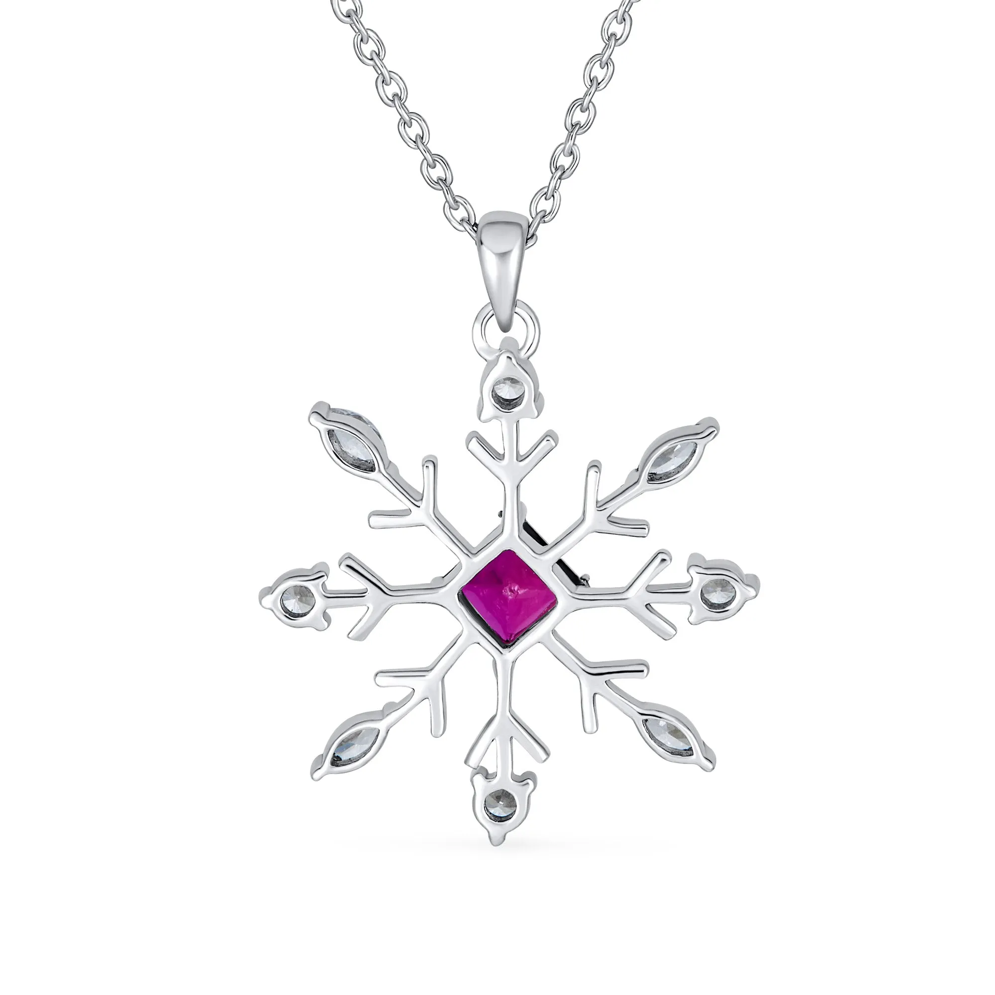 Holiday Party Jewelry Set Pink Rose CZ Snowflake Necklace & Earrings Silver