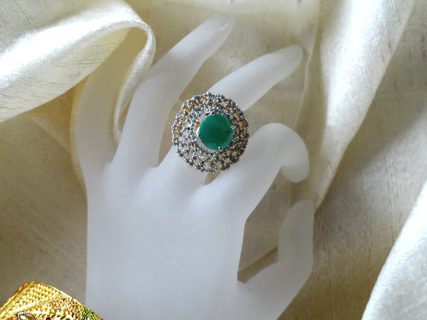 Indian Finger Ring-Jade solitaire with white stones circle. Ethnic adjustable finger ring. Indian Jewelry. Designer jade ring. From Artikrti.