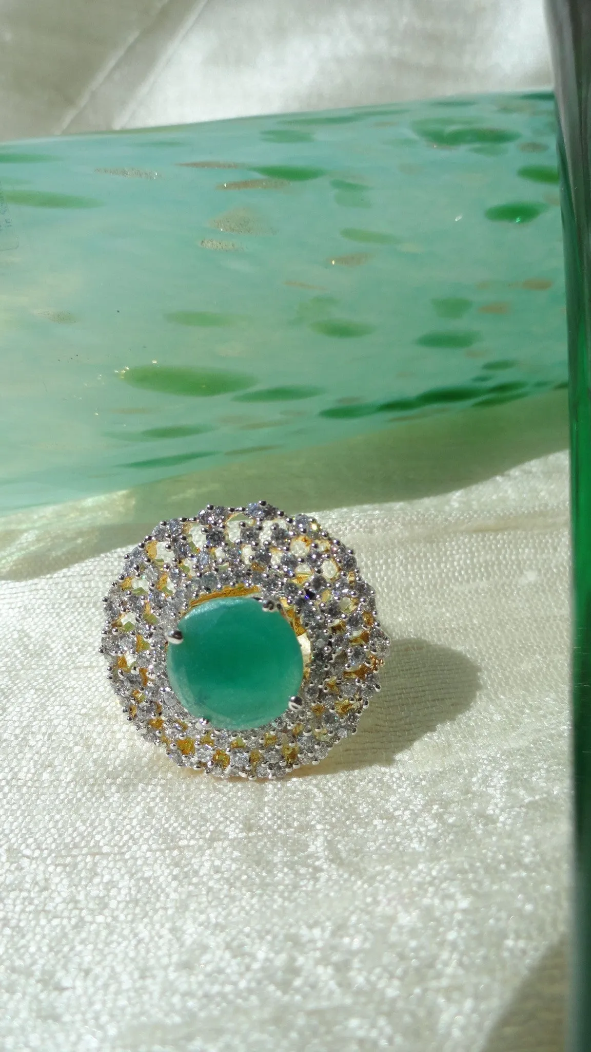 Indian Finger Ring-Jade solitaire with white stones circle. Ethnic adjustable finger ring. Indian Jewelry. Designer jade ring. From Artikrti.