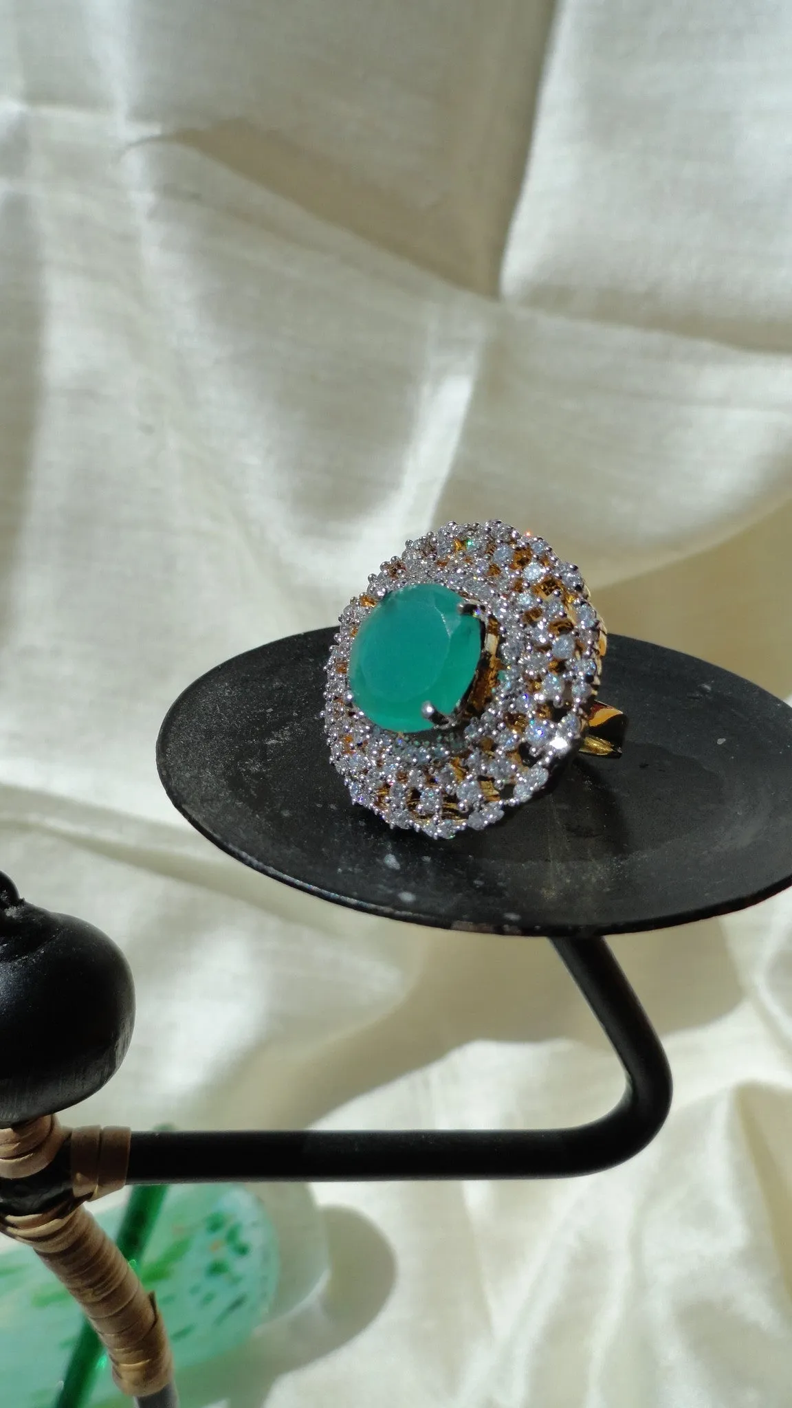 Indian Finger Ring-Jade solitaire with white stones circle. Ethnic adjustable finger ring. Indian Jewelry. Designer jade ring. From Artikrti.