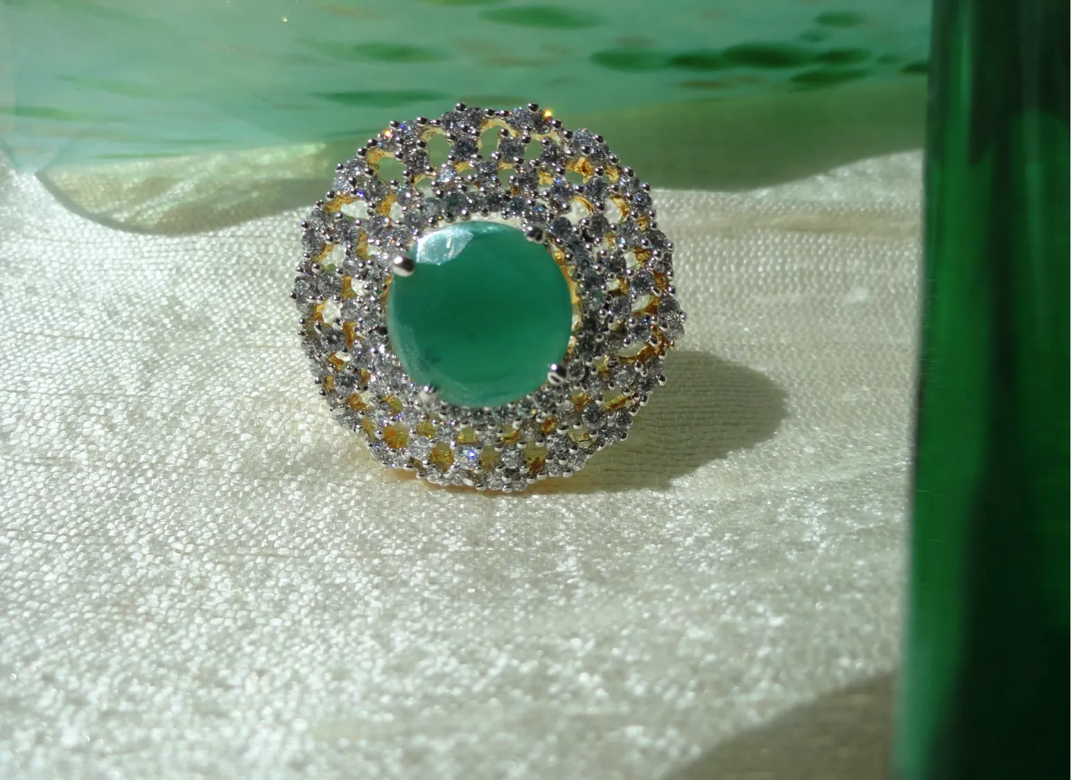 Indian Finger Ring-Jade solitaire with white stones circle. Ethnic adjustable finger ring. Indian Jewelry. Designer jade ring. From Artikrti.