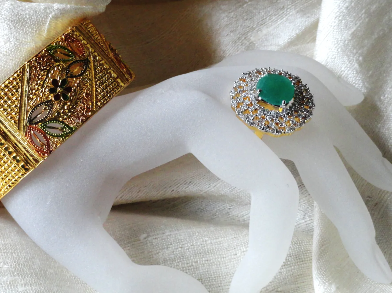 Indian Finger Ring-Jade solitaire with white stones circle. Ethnic adjustable finger ring. Indian Jewelry. Designer jade ring. From Artikrti.