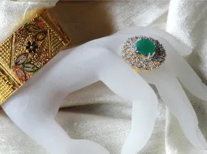 Indian Finger Ring-Jade solitaire with white stones circle. Ethnic adjustable finger ring. Indian Jewelry. Designer jade ring. From Artikrti.