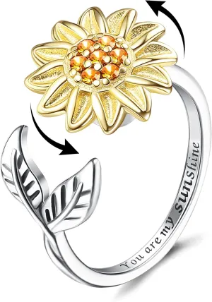Jewenova Sterling Silver Sunflower Fidget Ring for Women, You Are My Sunshine Stress Relieving Ring, Christmas Jewelry Gift For Women