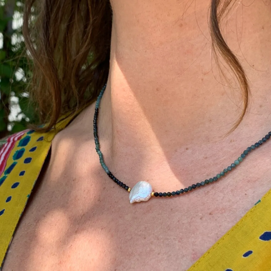Keshi Pearl with Blue Tourmaline Beaded Necklace