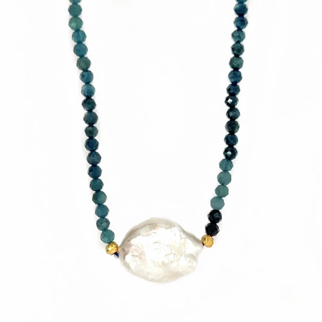 Keshi Pearl with Blue Tourmaline Beaded Necklace