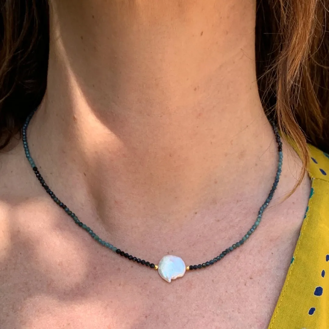 Keshi Pearl with Blue Tourmaline Beaded Necklace