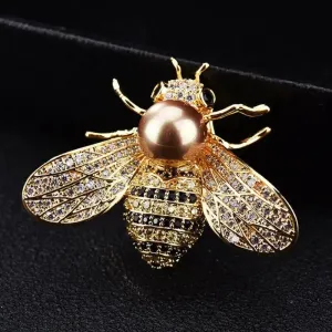 Large Bee Gold-Colored Brooch With Simulated Gemstone