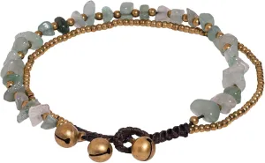 Layered Green Aventurine Chips Beaded Anklet Brass Bead Bells Summer Surfer Beach Boho Ankle Bracelets for Women Adjustable (8.5-10 Inches)