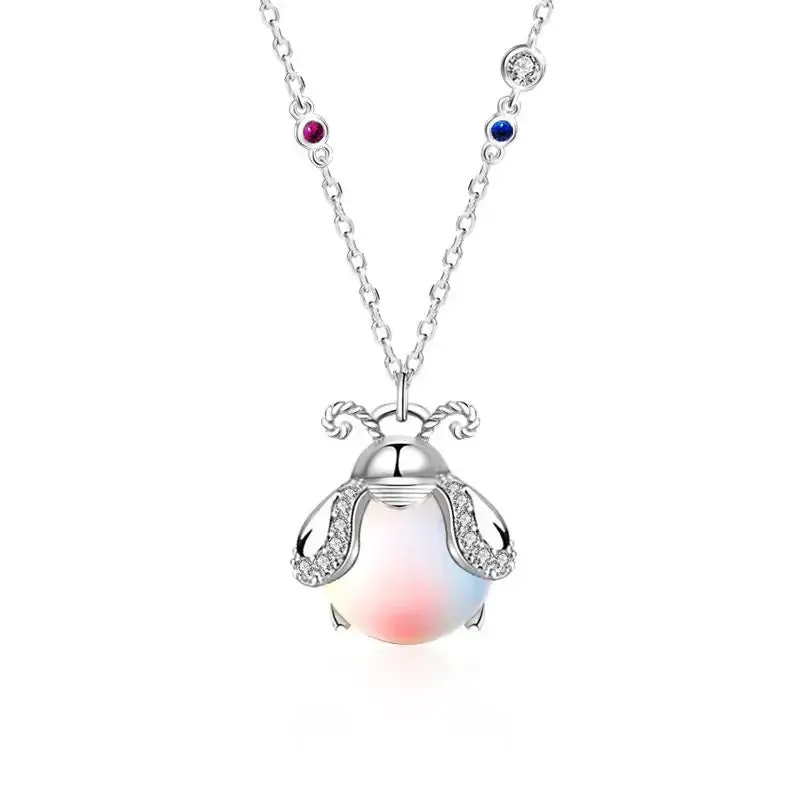 LOVCIA Cute Natural Moonstone Glowworm CZ 925 Sterling Silver Necklace