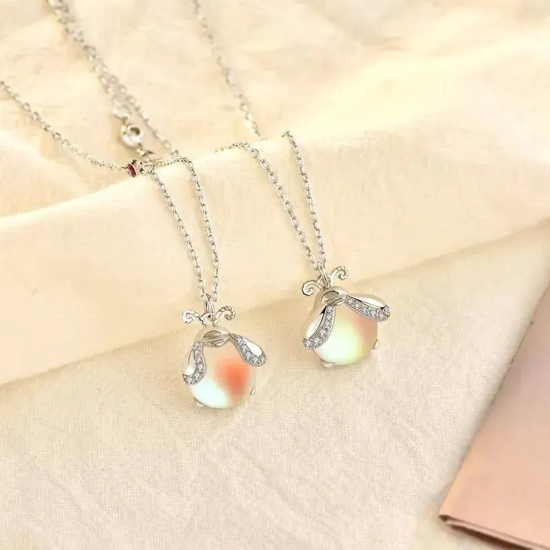 LOVCIA Cute Natural Moonstone Glowworm CZ 925 Sterling Silver Necklace