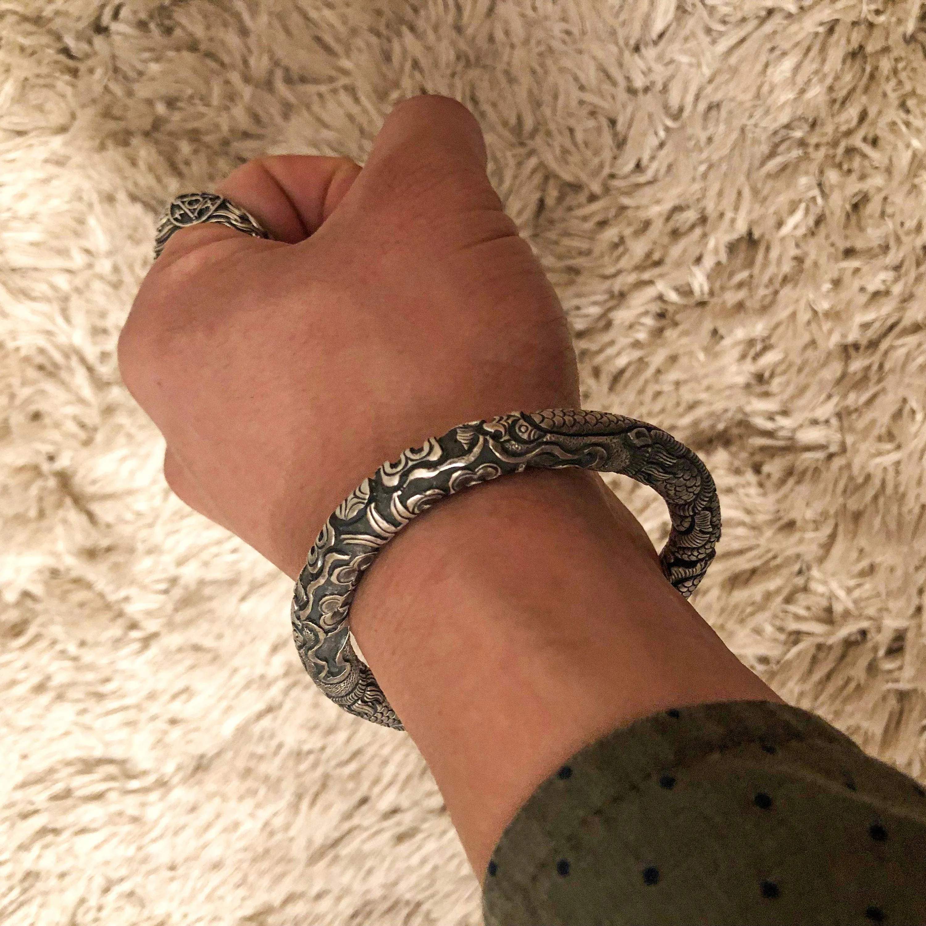 Masculine Sterling Silver Dragon Bracelet Hand Engraved Mens Cuff Bracelet, Mens Viking Bracelet, Dragon Lovers Jewelry Loong Gift for Him