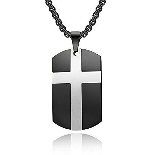 Men's Stainless Steel Black Silver Gold Cross Tag Pendant Necklace for Men Lord's Prayer Necklace Engraved Bible