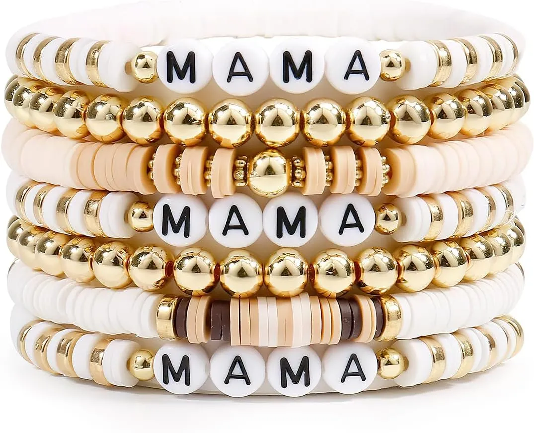 Mother's Day Bracelet, Mama Stretch Elastic Stackable Beaded Jewelry Set White Gold Women