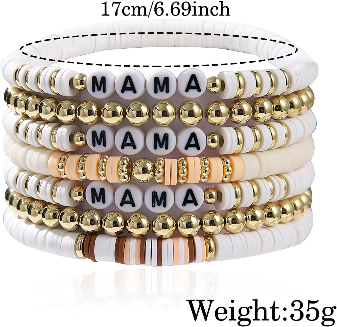 Mother's Day Bracelet, Mama Stretch Elastic Stackable Beaded Jewelry Set White Gold Women