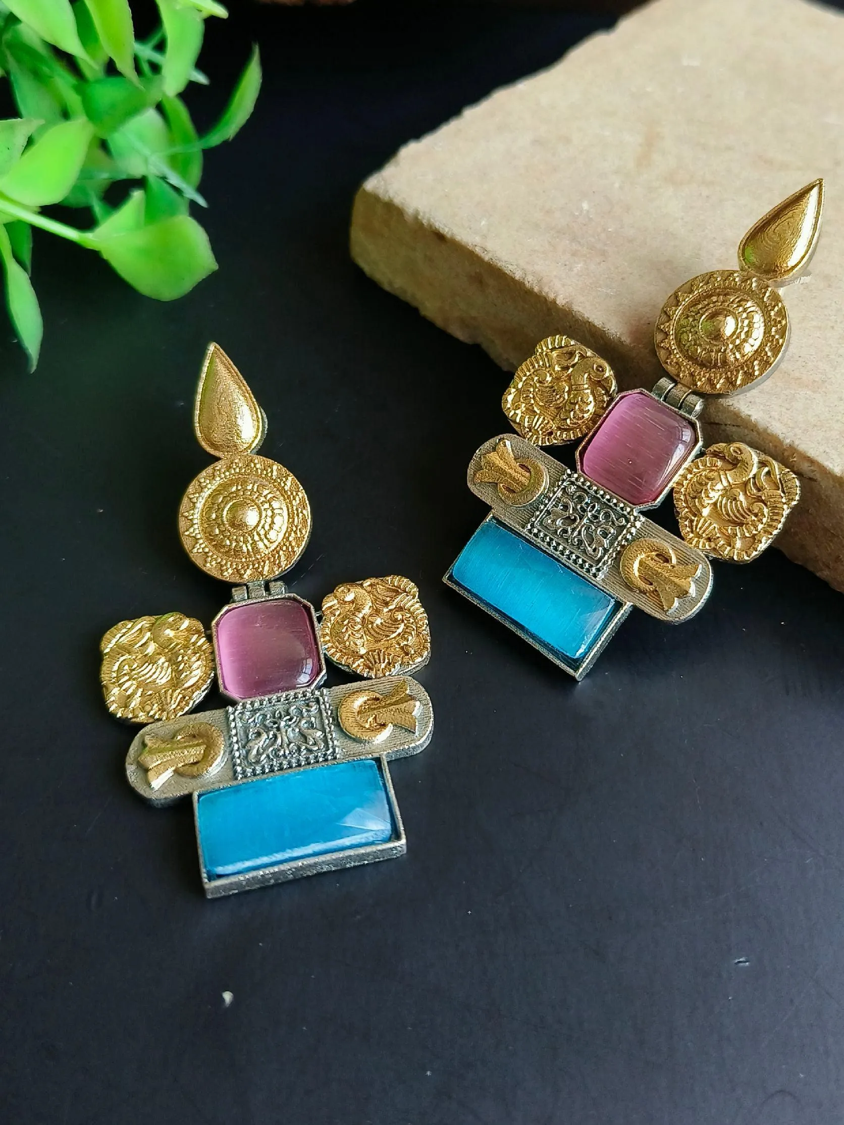 Multicolor Stone Oxidized Dangler Earrings | Sarichka