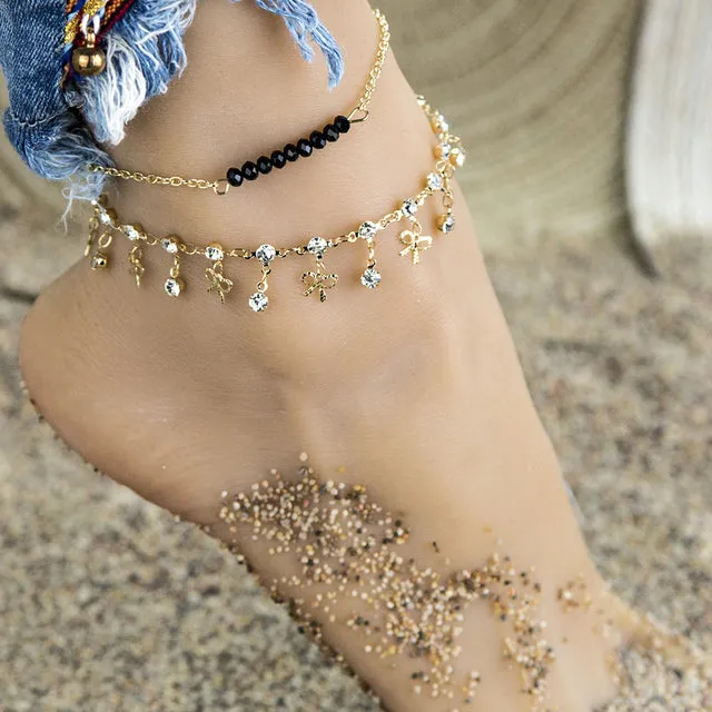 Multilayer Gold Color Foot Chain Flower Crystal Dangle