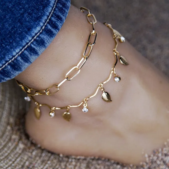 Multilayer Gold Color Foot Chain Flower Crystal Dangle