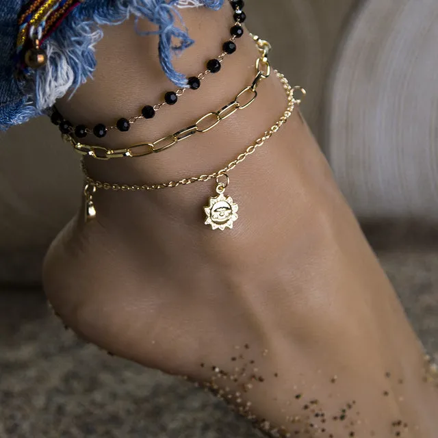 Multilayer Gold Color Foot Chain Flower Crystal Dangle