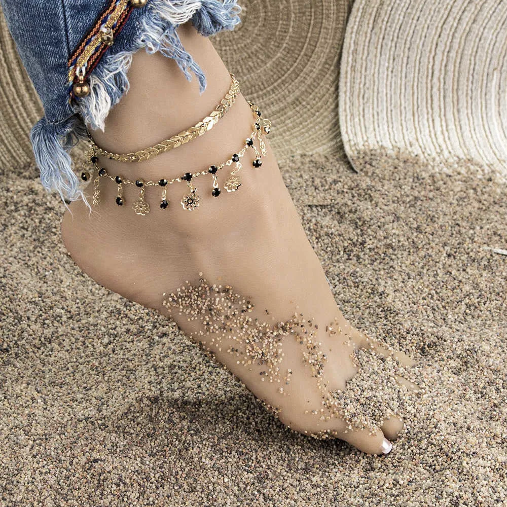 Multilayer Gold Color Foot Chain Flower Crystal Dangle