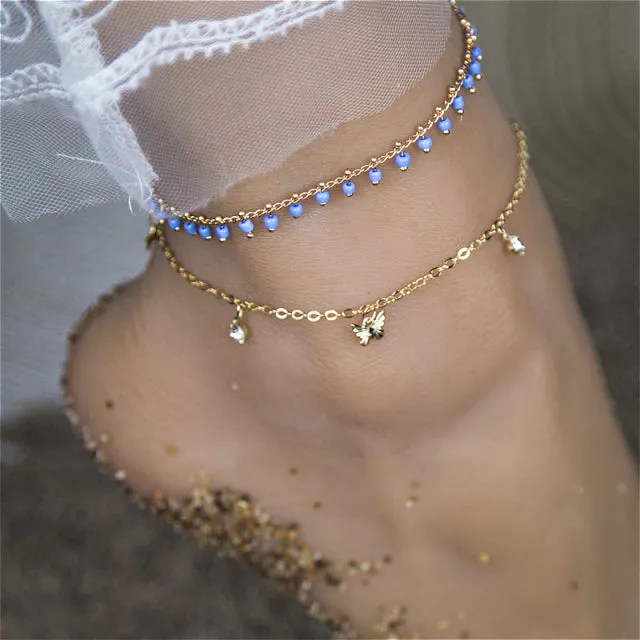 Multilayer Gold Color Foot Chain Flower Crystal Dangle