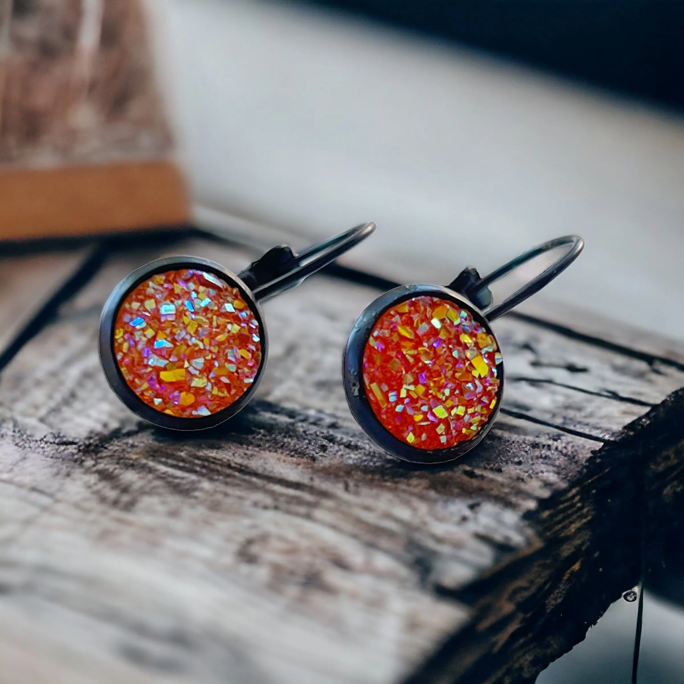 Orange Glitter Druzy Black Dangle Earrings - Sparkling & Stylish Accessories