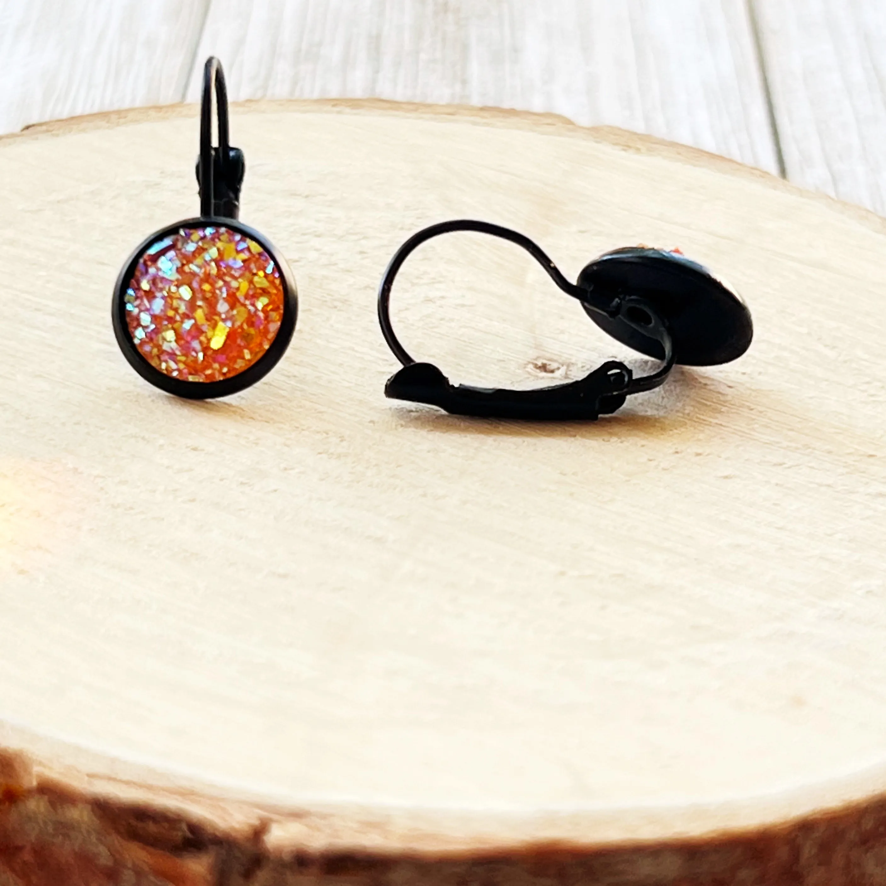 Orange Glitter Druzy Black Dangle Earrings - Sparkling & Stylish Accessories
