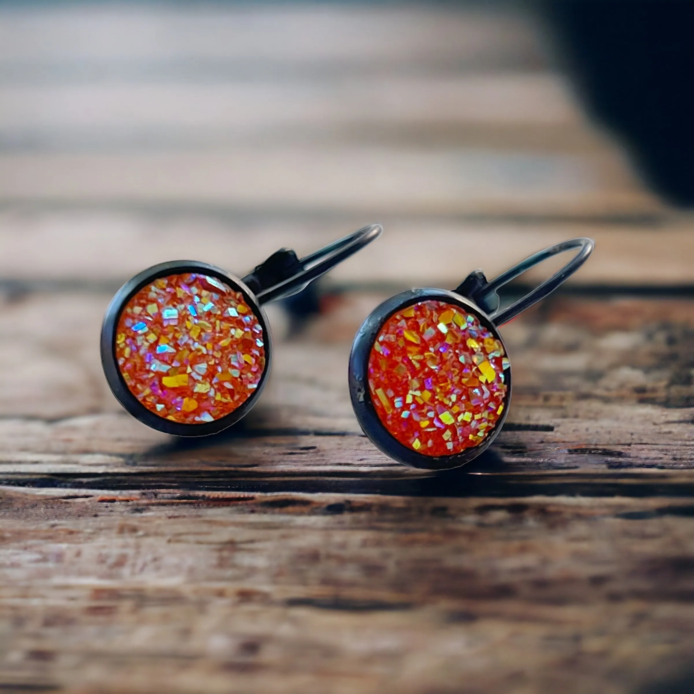 Orange Glitter Druzy Black Dangle Earrings - Sparkling & Stylish Accessories