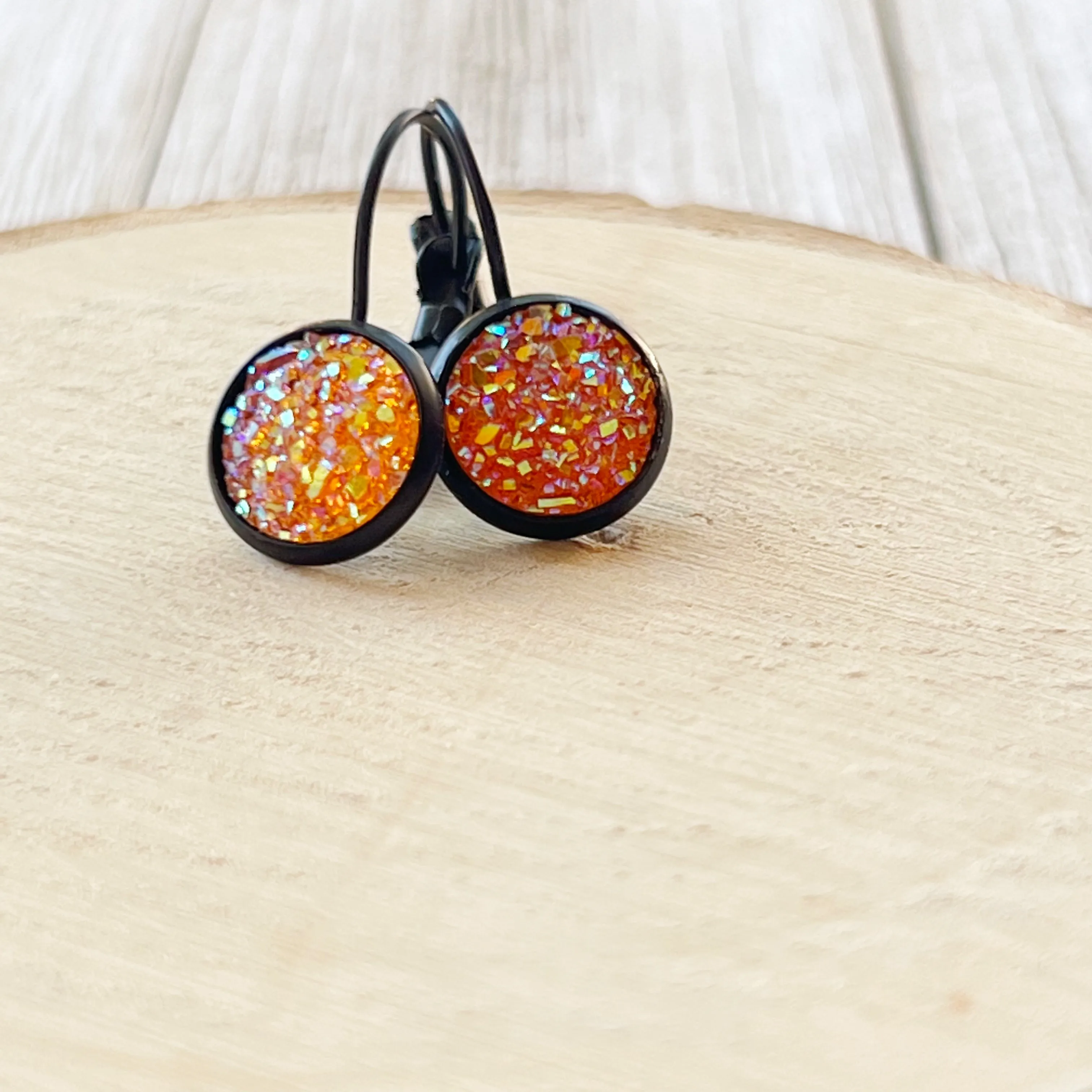 Orange Glitter Druzy Black Dangle Earrings - Sparkling & Stylish Accessories