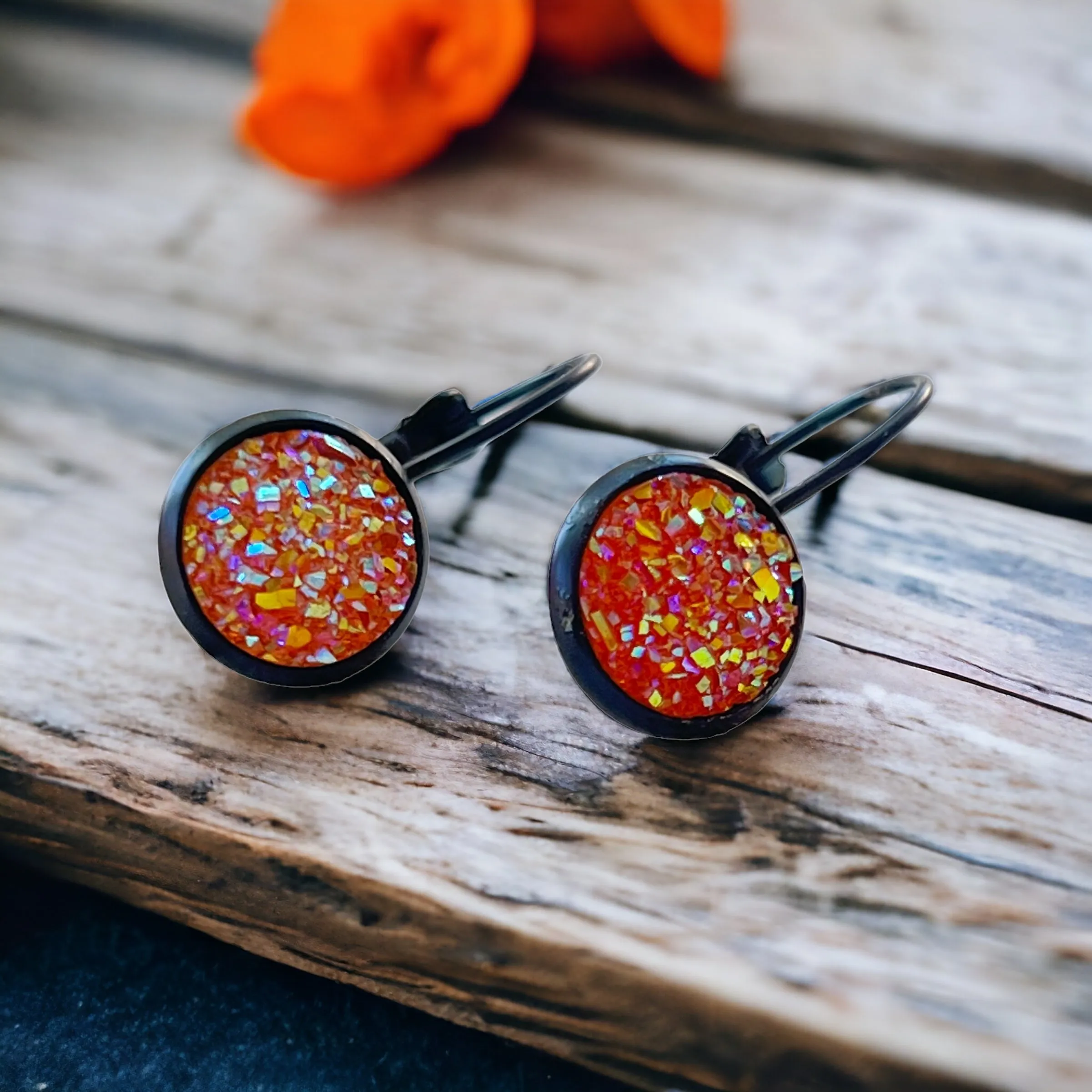 Orange Glitter Druzy Black Dangle Earrings - Sparkling & Stylish Accessories