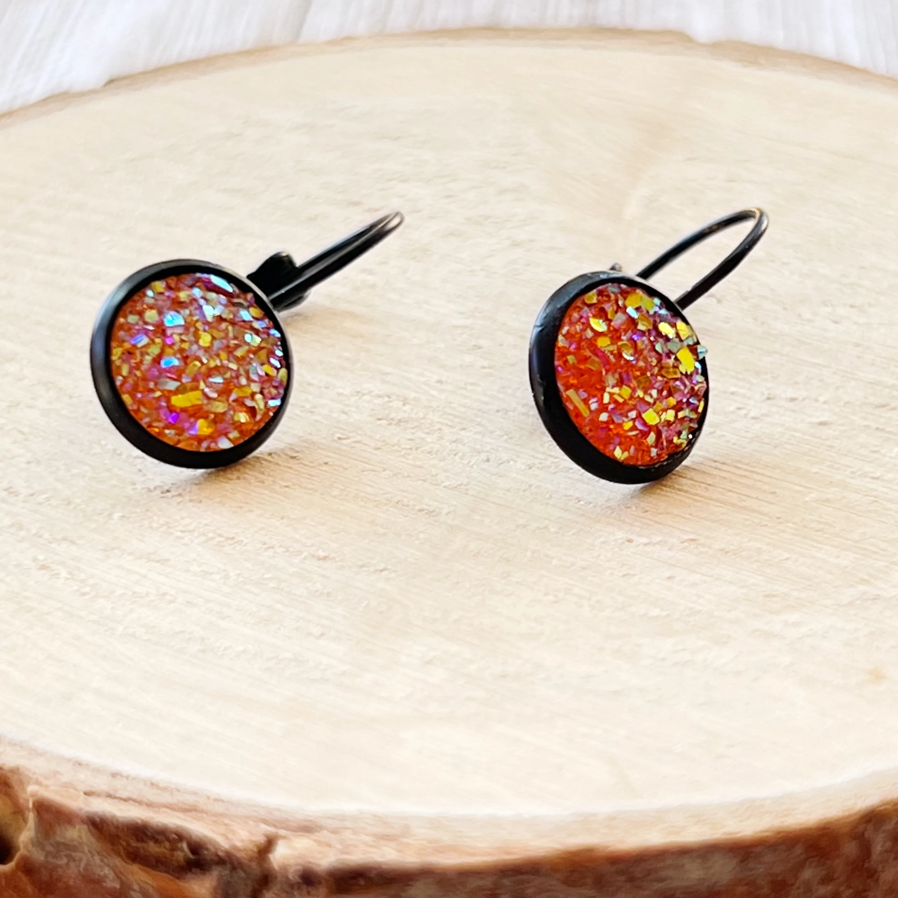 Orange Glitter Druzy Black Dangle Earrings - Sparkling & Stylish Accessories