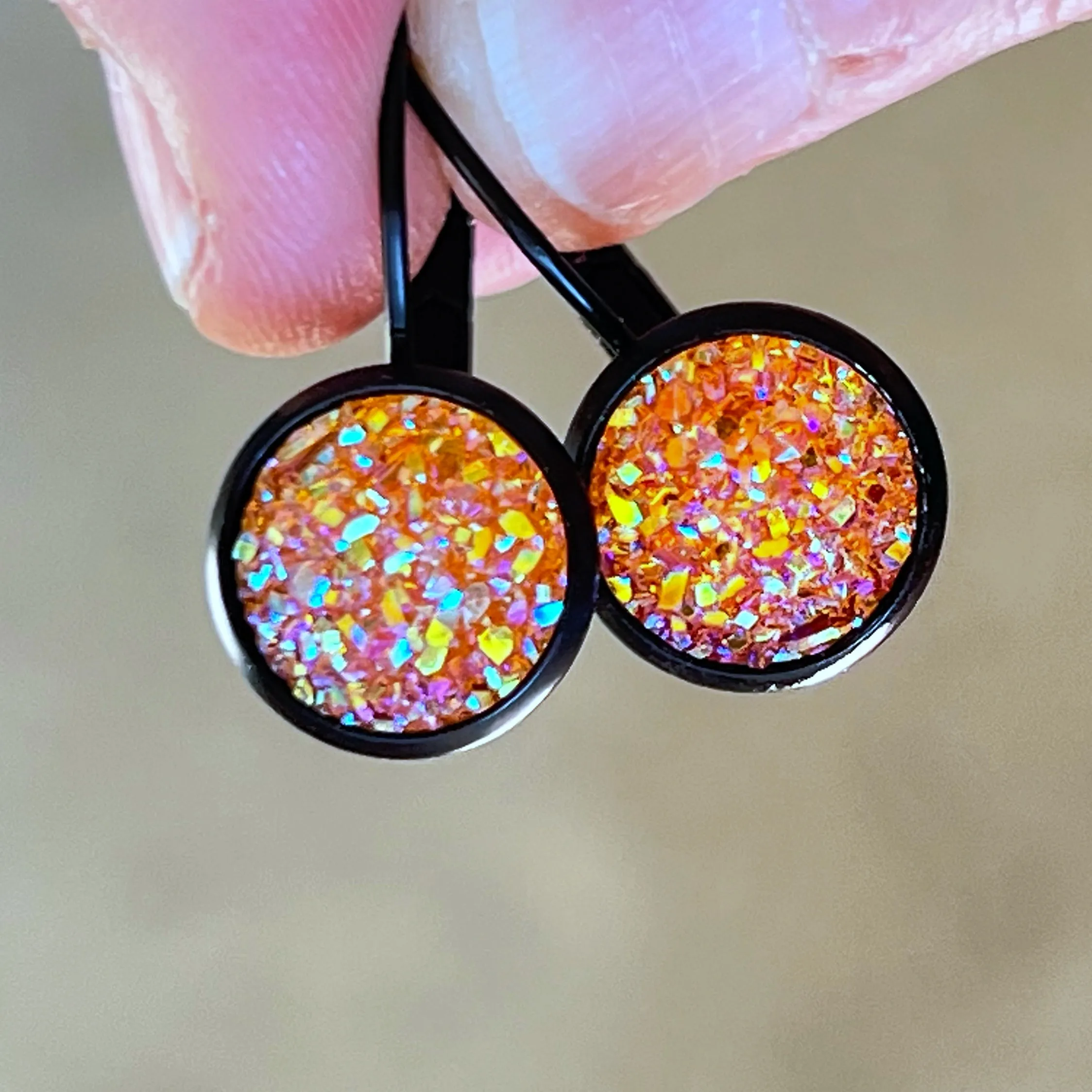 Orange Glitter Druzy Black Dangle Earrings - Sparkling & Stylish Accessories