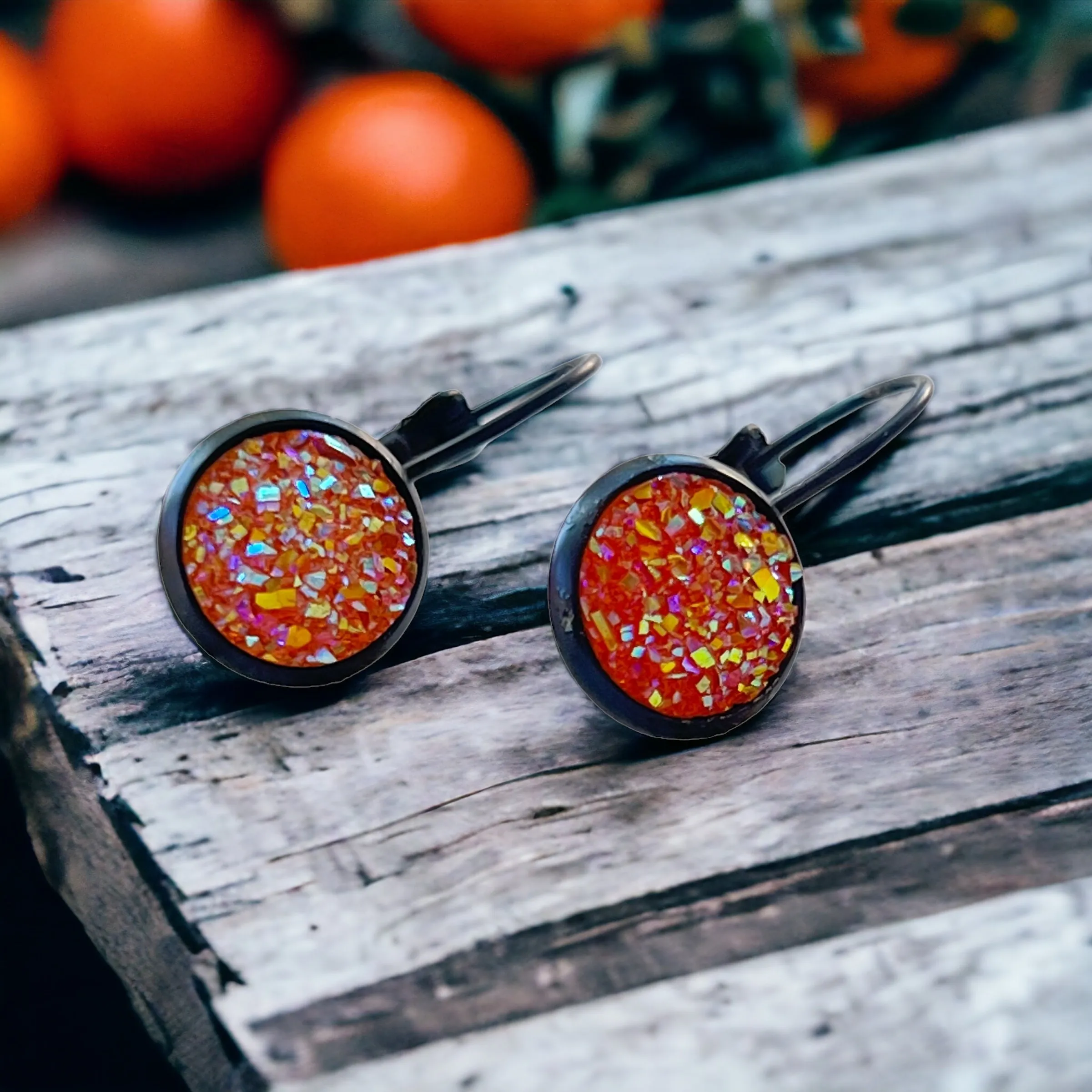 Orange Glitter Druzy Black Dangle Earrings - Sparkling & Stylish Accessories