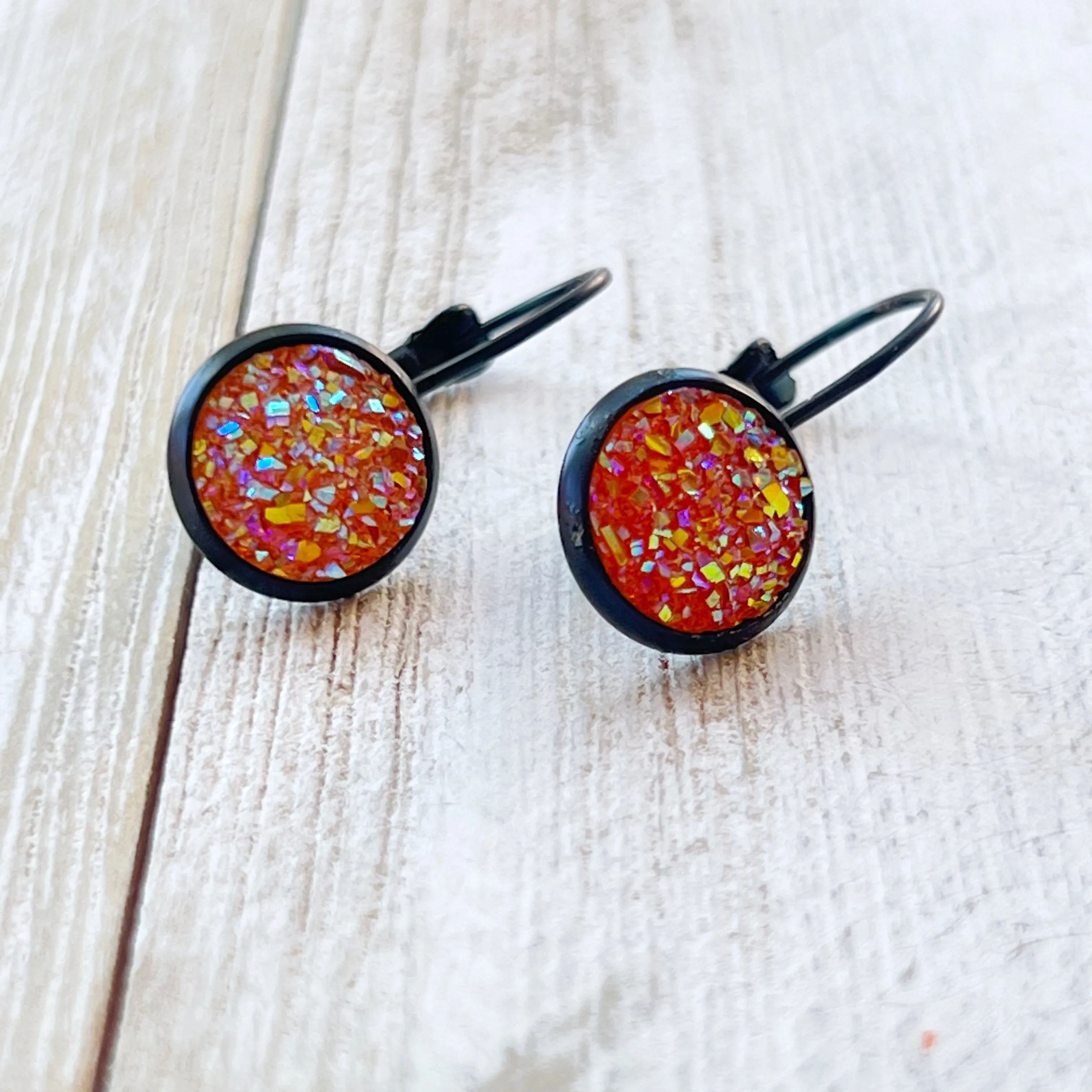 Orange Glitter Druzy Black Dangle Earrings - Sparkling & Stylish Accessories