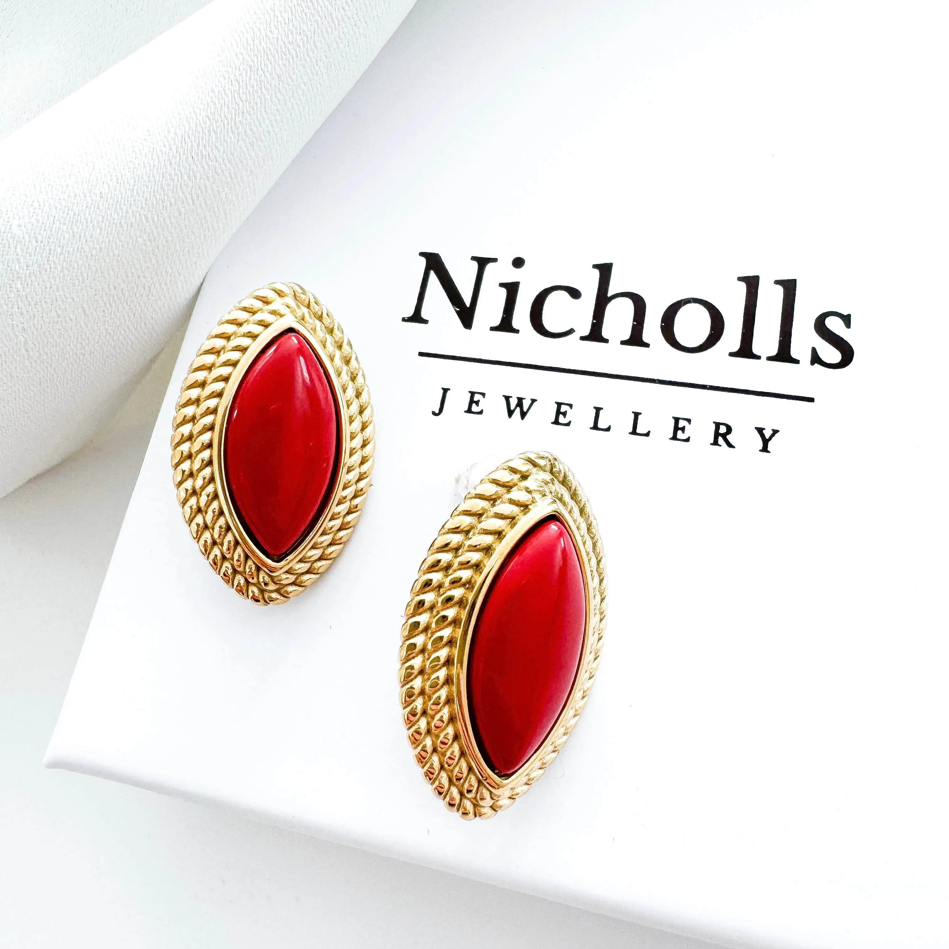 Oval Diamond Shape Red Stone 18k Gold Earrings