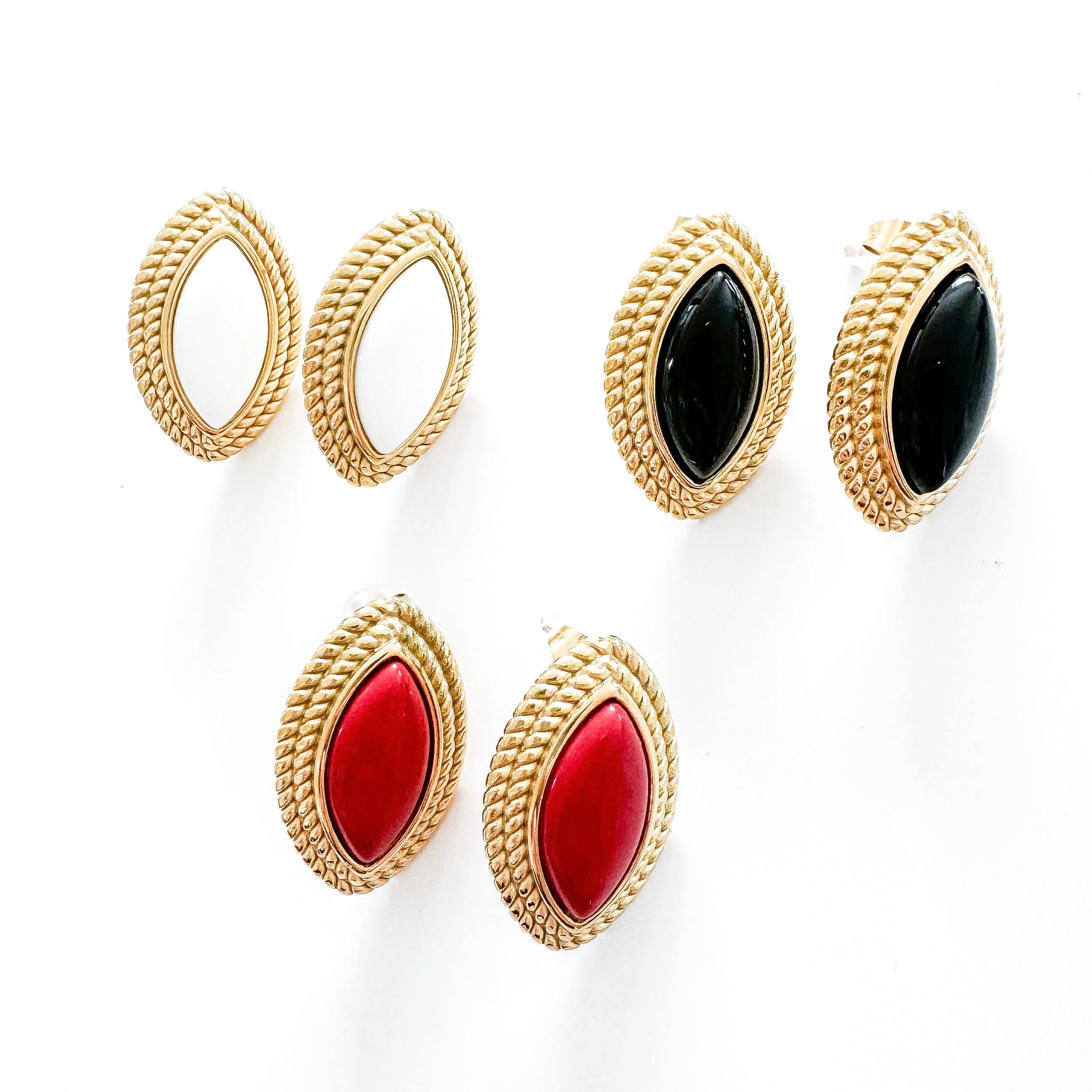 Oval Diamond Shape Red Stone 18k Gold Earrings