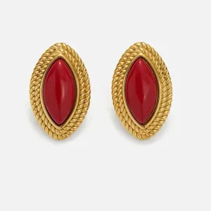 Oval Diamond Shape Red Stone 18k Gold Earrings