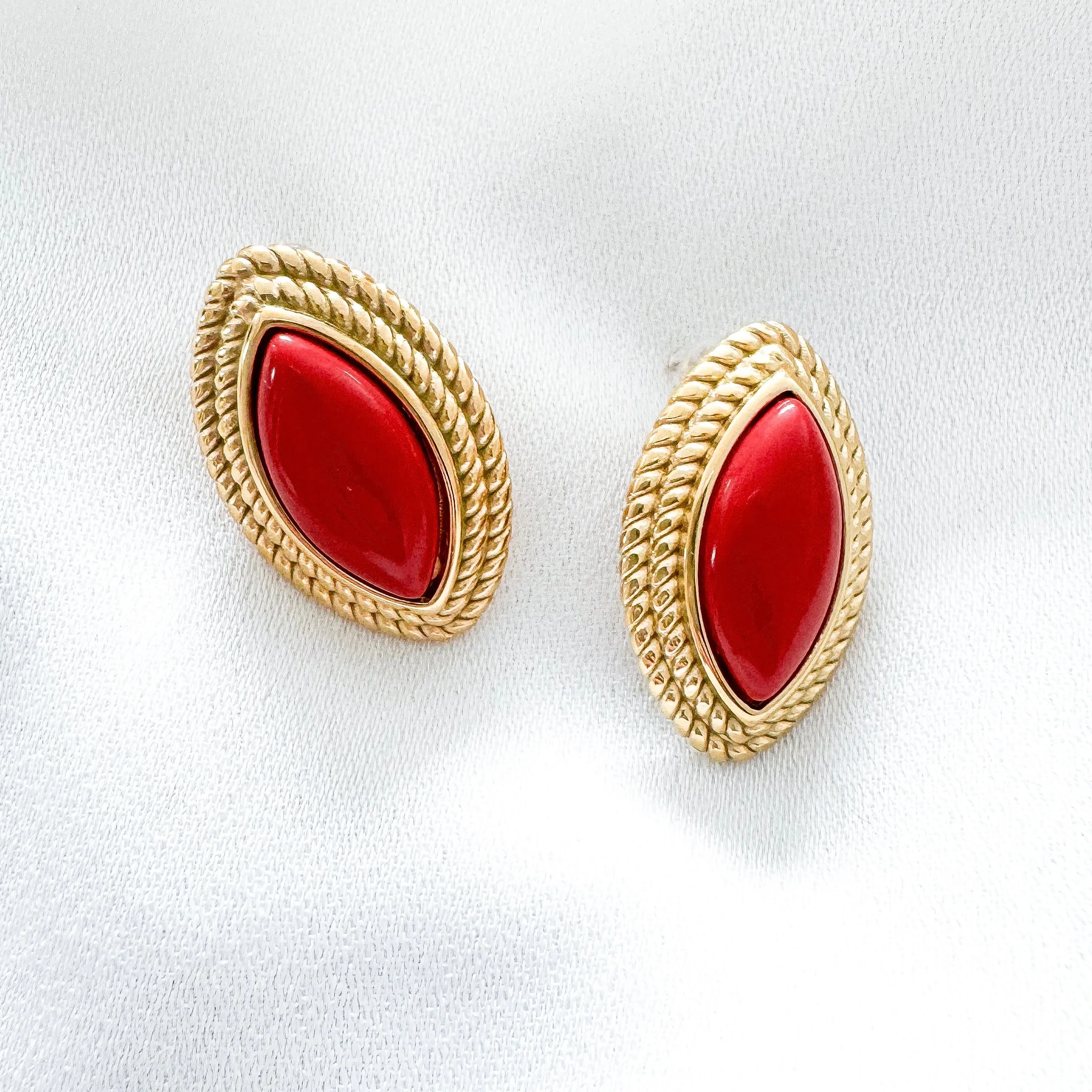Oval Diamond Shape Red Stone 18k Gold Earrings