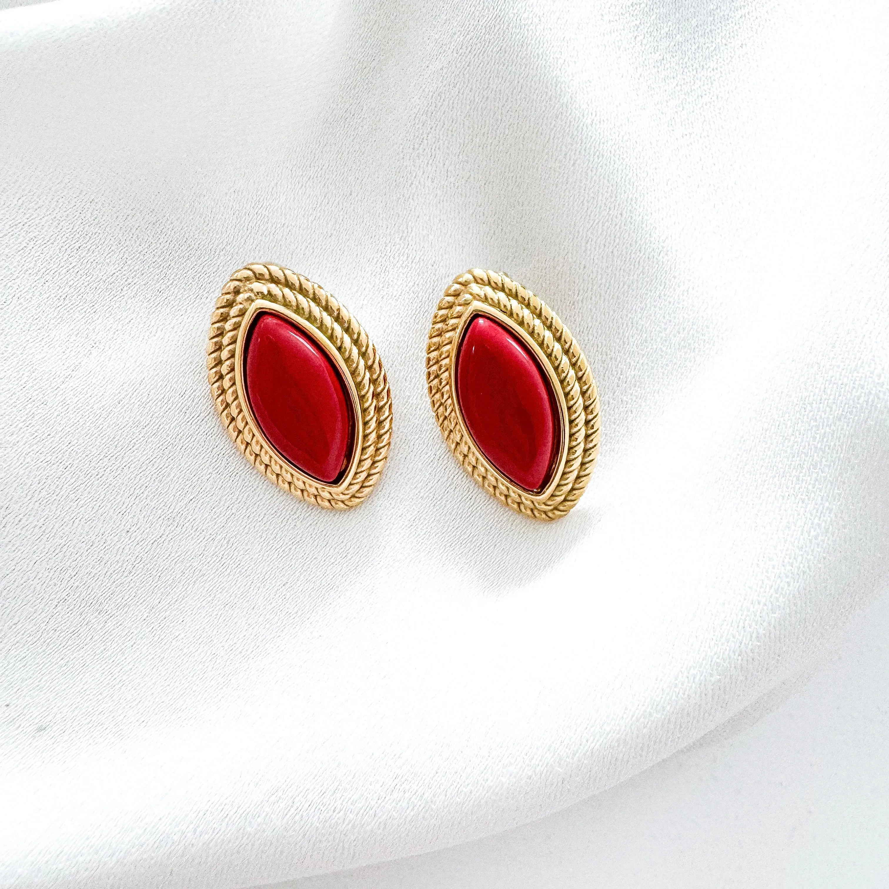 Oval Diamond Shape Red Stone 18k Gold Earrings